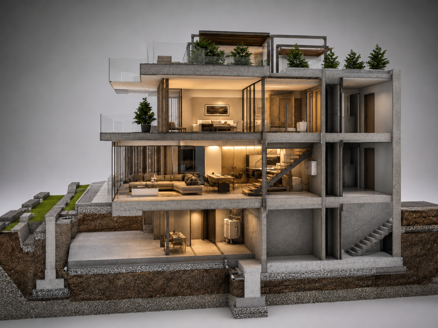 Nivelación, cimientos y estructura de obra civil