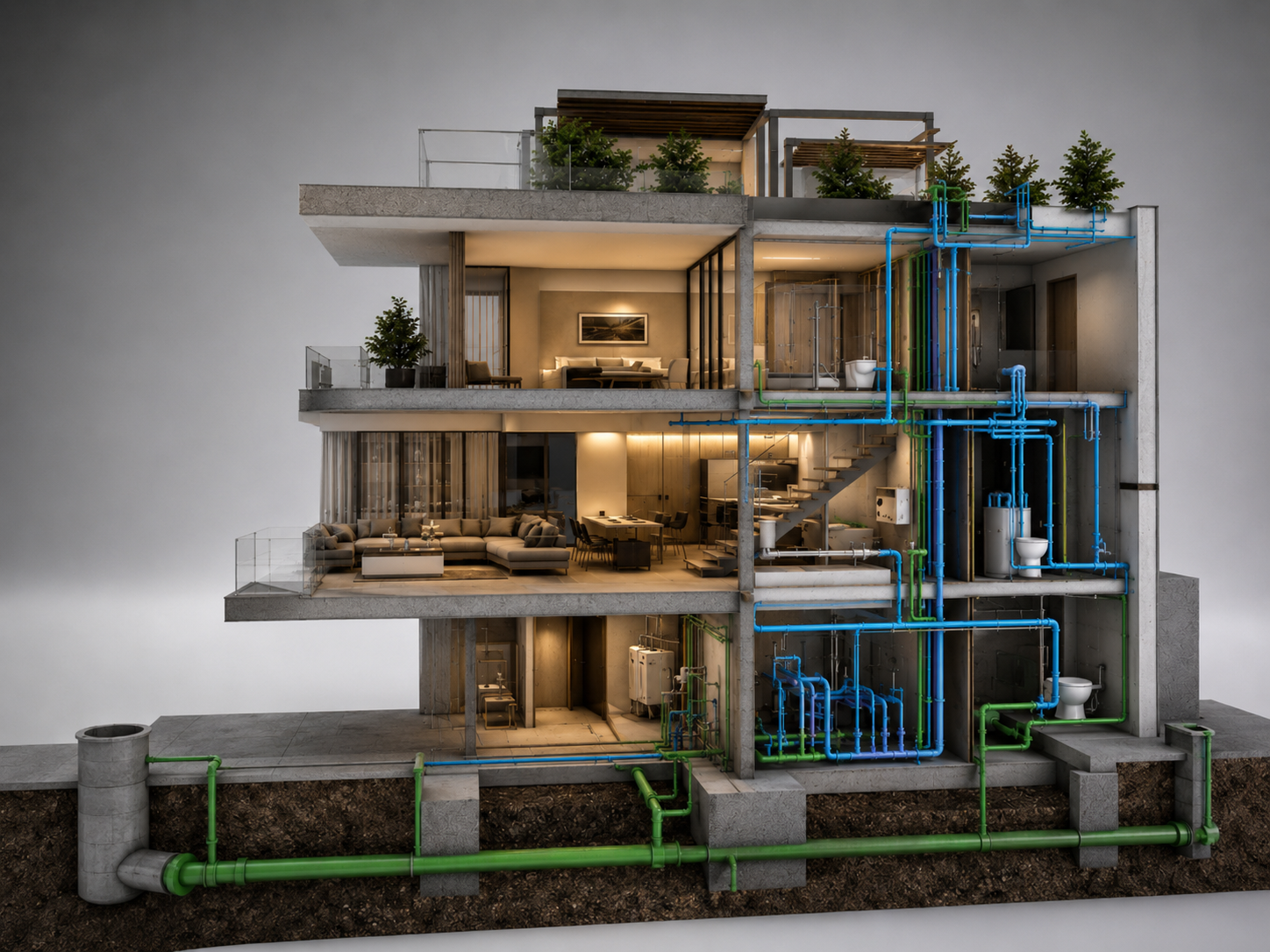 Redes hídricas y de saneamiento en maqueta de obra
